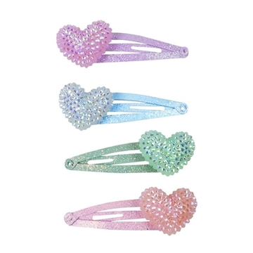 4 pastelfarvede hårclips med glitrende hjerter